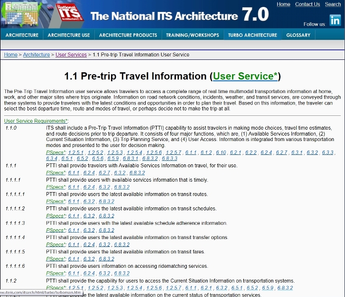 Figure 7: US ITS Architecture website user services page