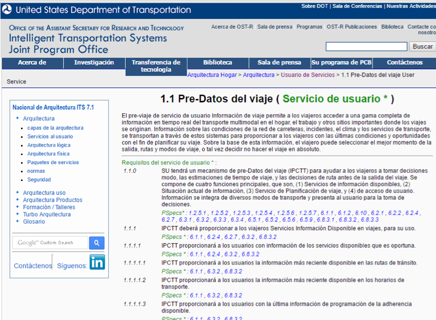 Figura 7:  página web de servicios de usuario de la Arquitectura ITS USA.